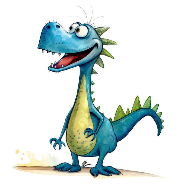 Cartoon dinosaur with a blue body and green spikes on a white background fabric panel