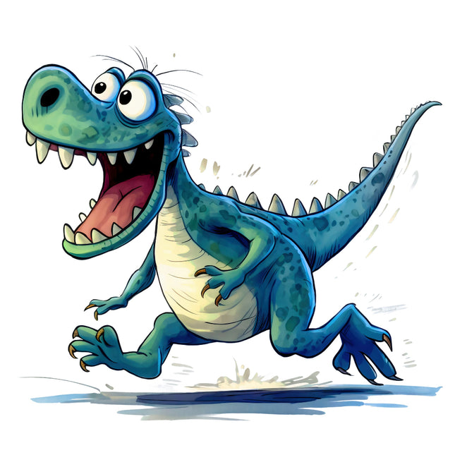 Cartoon dinosaur with a happy expression on a white background