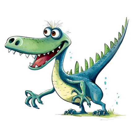 Cartoon dinosaur with a happy expression on a white background fabric panel