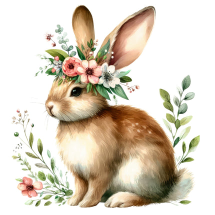 Illustration of a rabbit with a floral crown and greenery on a white background