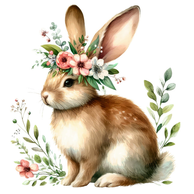 Illustration of a rabbit with a floral crown and greenery on a white background