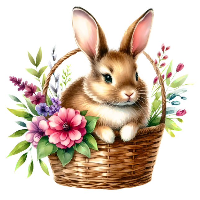 Illustration of a rabbit in a basket with flowers fabric panel