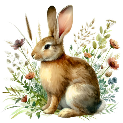 rabbit surrounded by flowers quilt panel