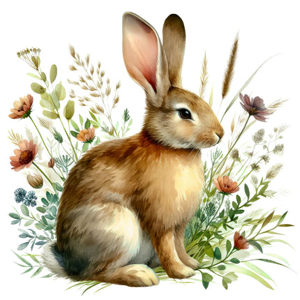 Illustration of a rabbit surrounded by flowers and plants on a white background fabric panel