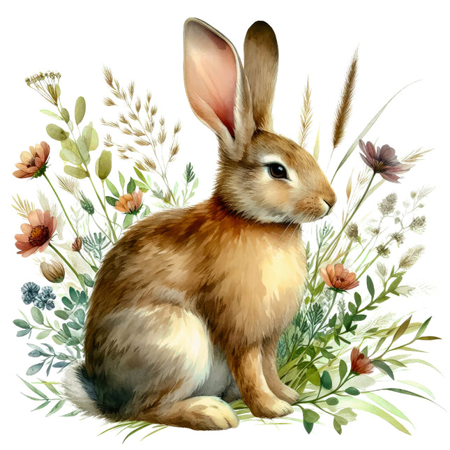 Illustration of a rabbit surrounded by flowers and plants on a white background fabric panel
