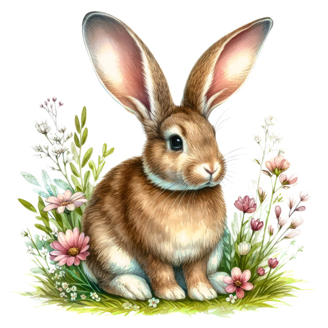 brown rabbit sitting among flowers quilt block