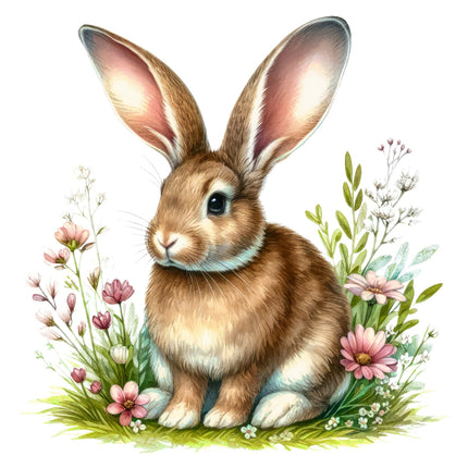 Illustration of a brown rabbit surrounded by flowers and plants on a white background fabric panel