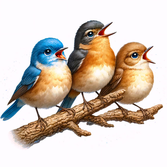 Three colorful birds perched on a branch fabric panel