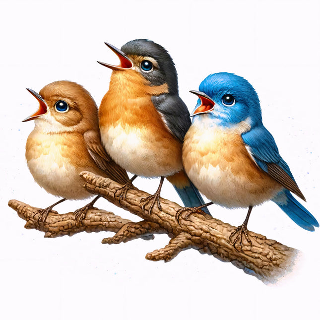 Three colorful birds perched on a branch with a white background fabric panel