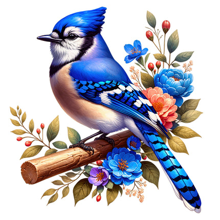 Blue jay bird perched on a branch with flowers and leaves on a white background fabric block