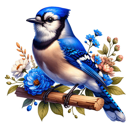 Blue jay bird perched on a branch with flowers and leaves on a white background fabric panel