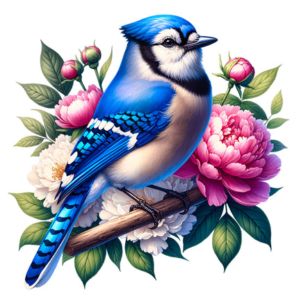 Blue jay bird perched on a branch surrounded by pink and white flowers fabric panel