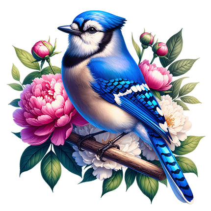 Blue jay bird perched on a branch surrounded by pink and white flowers with green leaves fabric block