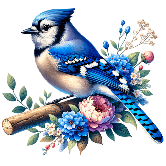 Blue jay bird perched on a branch with flowers fabric panel