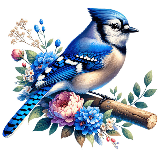 Blue jay bird perched on a branch with flowers and leaves on a white background fabric panel