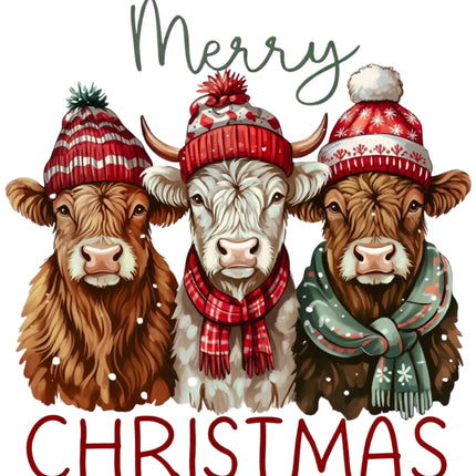 Merry Christmas Highland Cows 100% Cotton Fabric Panel Block DD5908