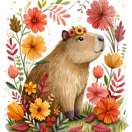 Illustration of a capybara surrounded by colorful flowers and leaves on a white background