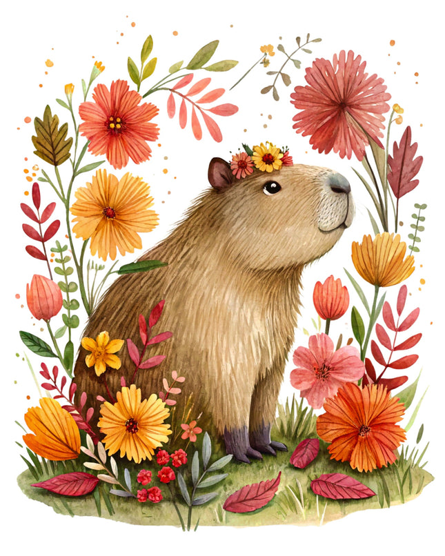 Illustration of a capybara surrounded by colorful flowers and leaves on a white background