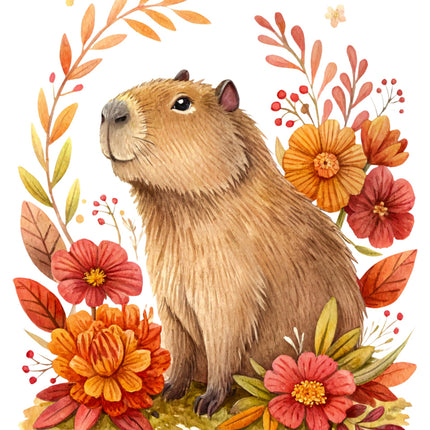 Illustration of a capybara surrounded by autumn flowers and leaves on a white background