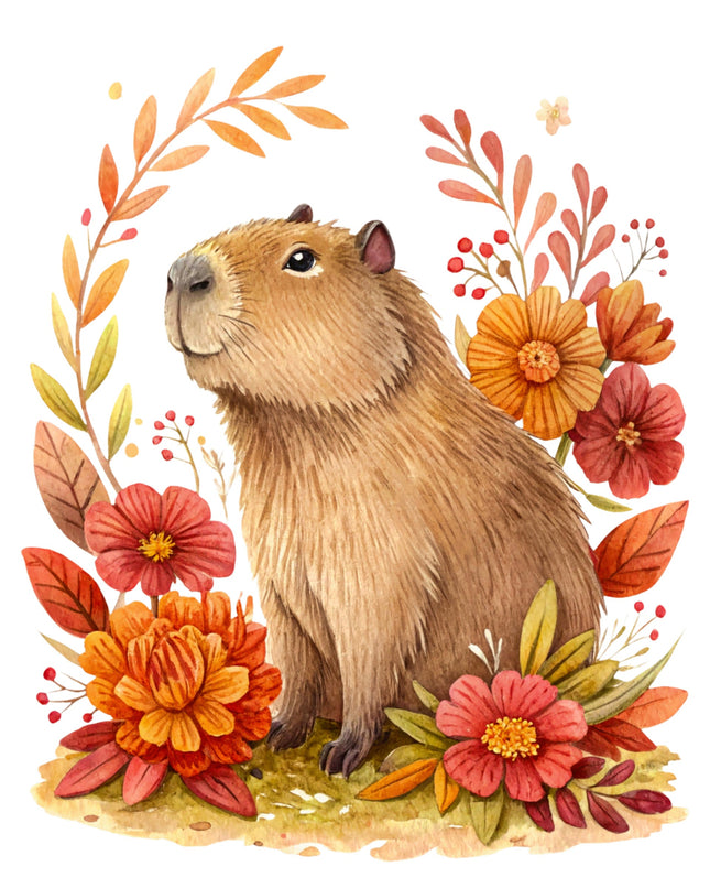 Illustration of a capybara surrounded by autumn flowers and leaves on a white background