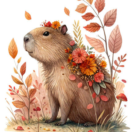 Capybara surrounded by autumn leaves and flowers on a white background