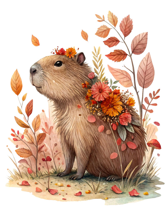 Capybara surrounded by autumn leaves and flowers on a white background