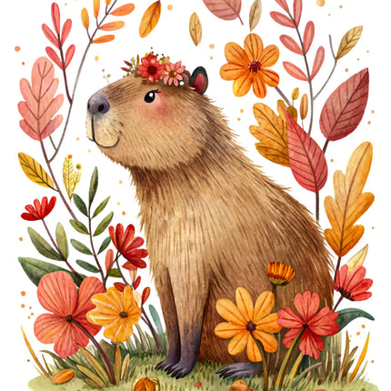 Illustration of a capybara surrounded by autumn leaves and flowers
