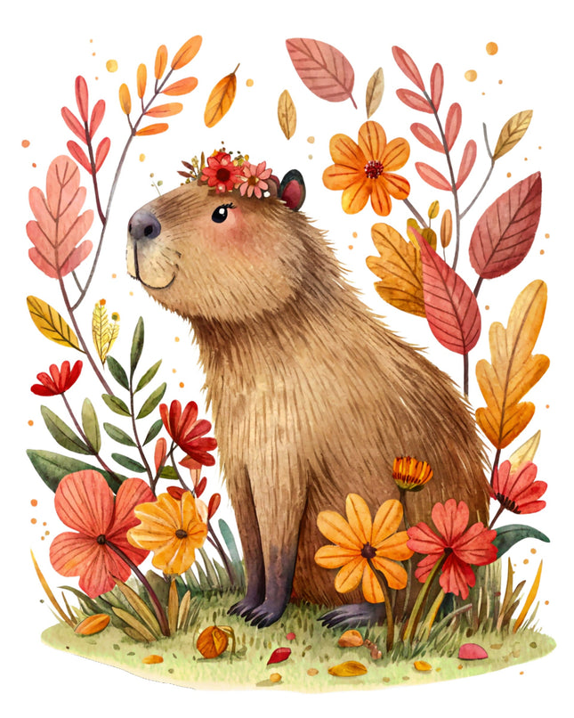 Illustration of a capybara surrounded by autumn leaves and flowers
