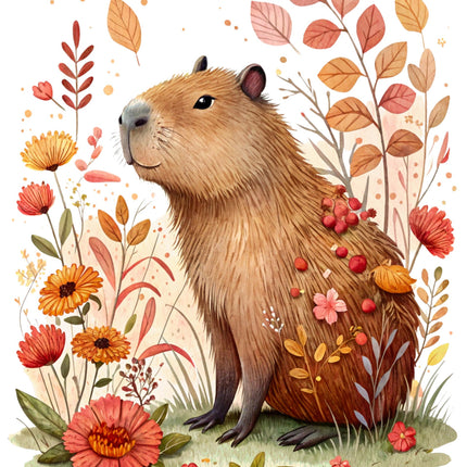 Illustration of a capybara surrounded by autumn leaves and flowers