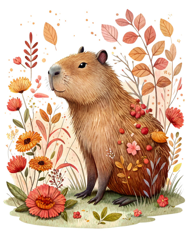 Illustration of a capybara surrounded by autumn leaves and flowers