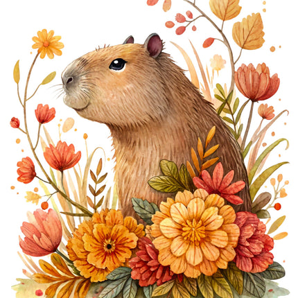 Illustration of a capybara surrounded by autumn flowers and leaves on a white background