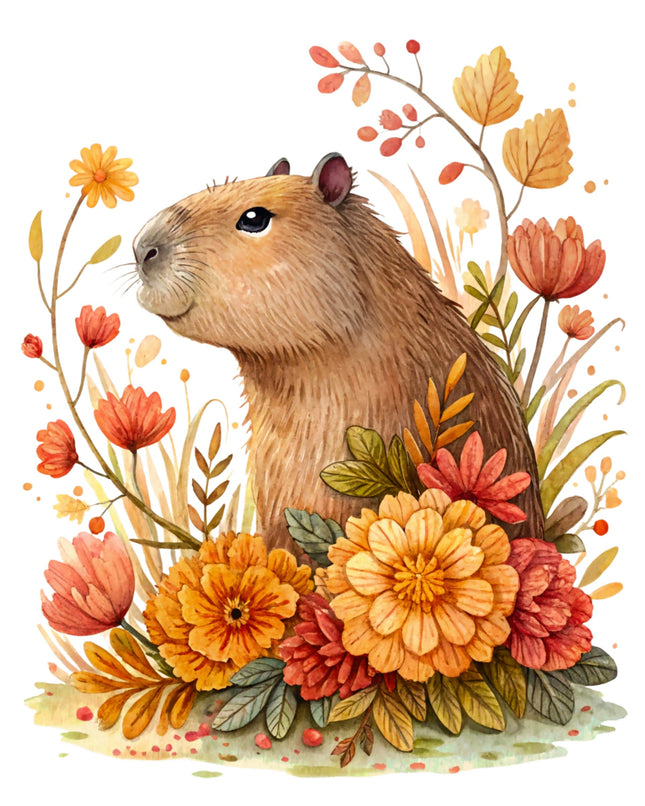 Illustration of a capybara surrounded by autumn flowers and leaves on a white background