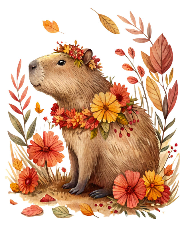 Capybara surrounded by autumn leaves and flowers on a white background