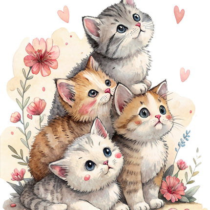 Illustration of four cute kittens with flowers and hearts on a white background
