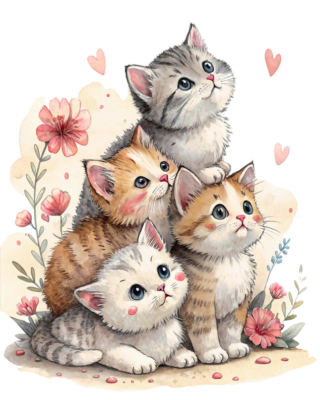Illustration of four cute kittens with flowers and hearts on a white background