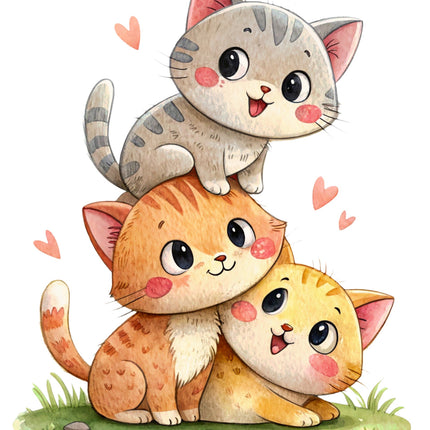 Three cartoon cats stacked on top of each other with hearts around them on a white background.