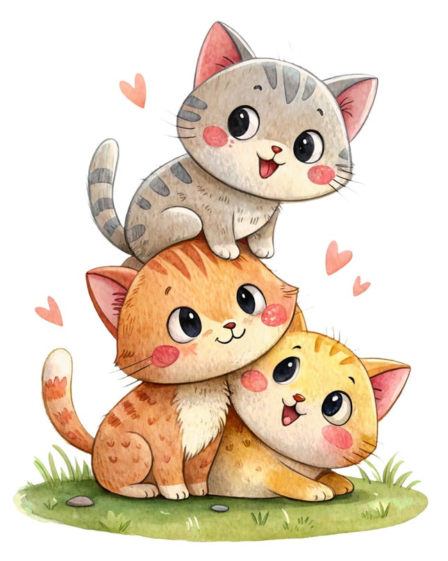 Three cartoon cats stacked on top of each other with hearts around them on a white background.