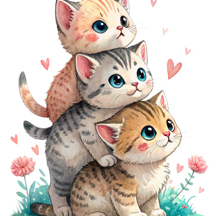 Three cartoon kittens stacked on top of each other with flowers and hearts around.