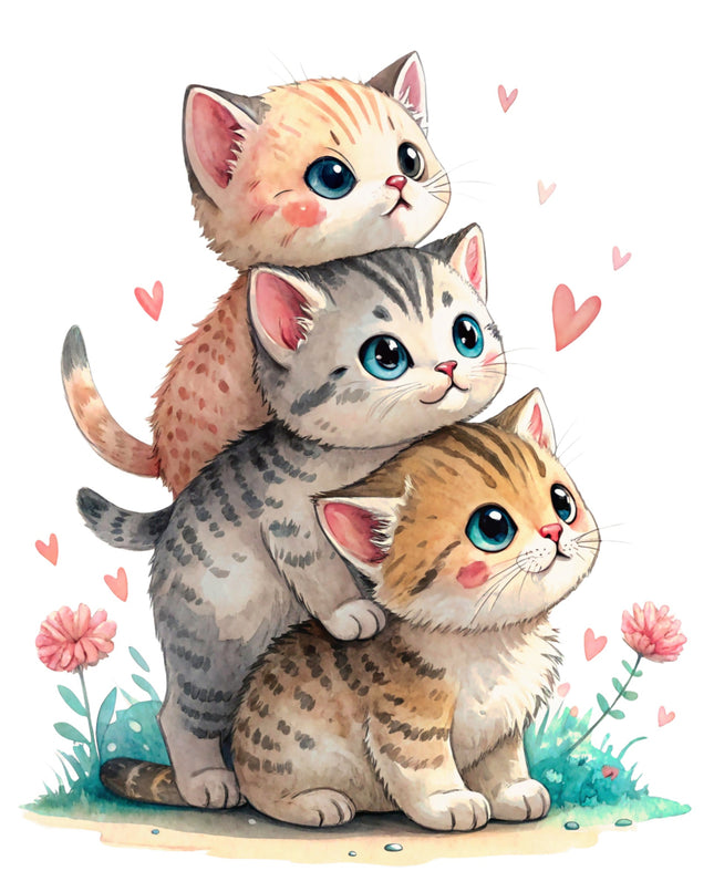 Three cartoon kittens stacked on top of each other with flowers and hearts around.
