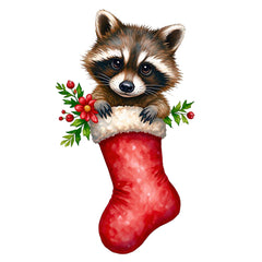 Illustration of a raccoon in a red Christmas stocking with floral decorations on a white background