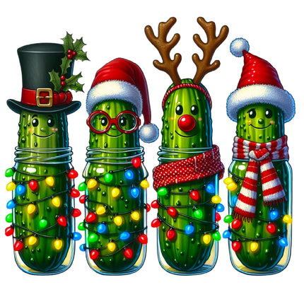 Four Christmas pickle decorations with festive attire and lights fabric panel