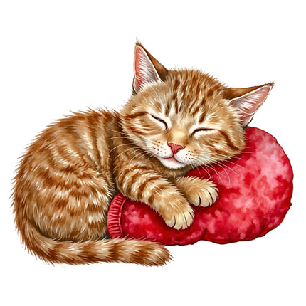 Illustration of a cat sleeping on a red heart-shaped pillow