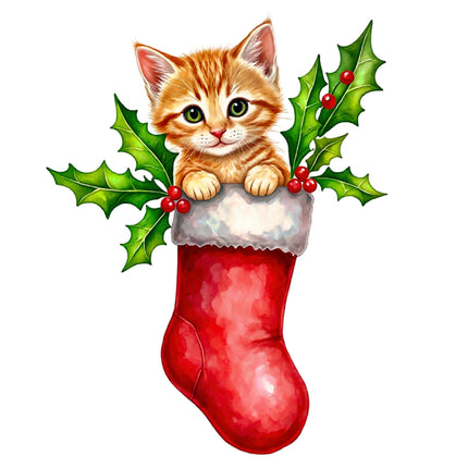 Illustration of a kitten in a red Christmas stocking with holly leaves and berries on a white background