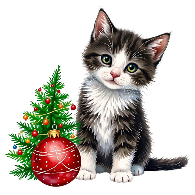 Kitten with a Christmas tree and ornament on a white background