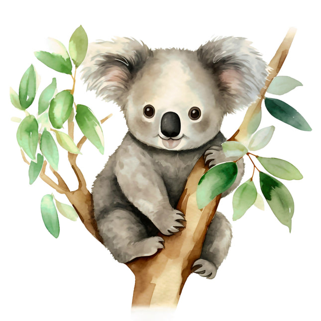 Illustration of a koala sitting on a branch with eucalyptus leaves.