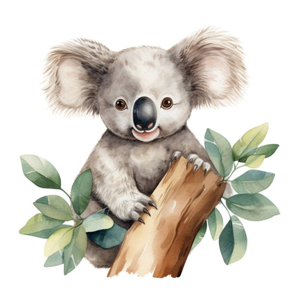 Illustration of a koala sitting on a branch with leaves