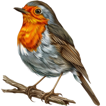 Illustration of a robin on a branch with a white background