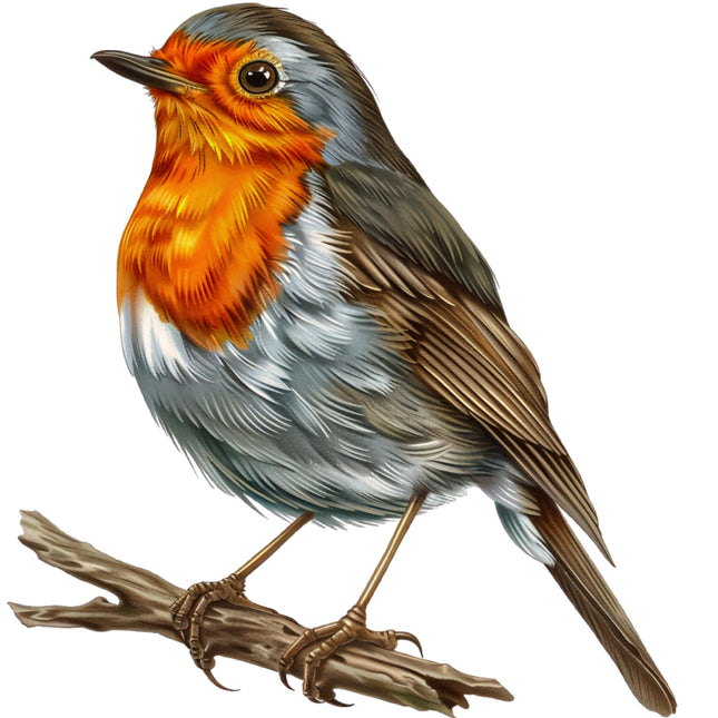 Illustration of a robin on a branch with a white background