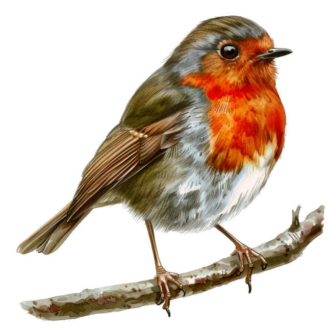 Illustration of a robin bird on a branch with a white background