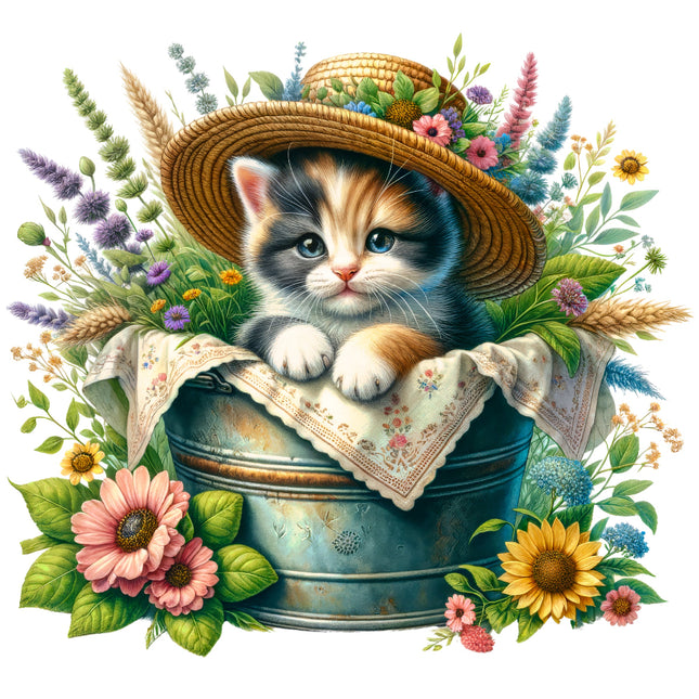 Cat in a hat with flowers and a bucket surrounded by colorful flowers quilt panel